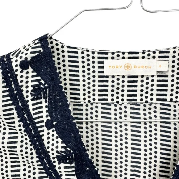 TORY BURCH Tunic Top Geometric Side Slits Long Sleeve Blue Cream - Picture 7 of 7